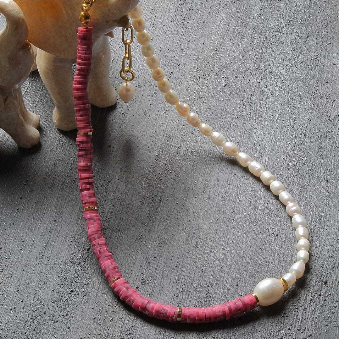 Yarı İnci - Yarı Fimo Pembe Kolye